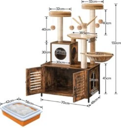 Signature Home Lola Krabpaal Met Kattenbak - Kattenbak Hangmat Mand Katten Huis - Kattenhuis Met Deur En Slot - Krabpalen Katten Huis - Kattenbakmeubel Verborgen - Alles-in-één Kattenspeelgoed Met Kattenhuis - Bruin - 70cm X 132cm X 48cm -Kattenspeelgoed Winkel 1136x1200