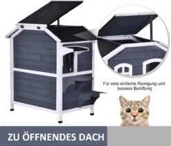 PawHut Kattenhuis Voor Buiten Kattenhut Met 2 Verdiepingen Kattenvilla, Asfaltdak, Massief Hout Grijs D30-236 22 PawHut Kattenhuis Voor Buiten Kattenhut Met 2 Verdiepingen Kattenvilla, Asfaltdak, Massief Hout Grijs D30-236 -Kattenspeelgoed Winkel 1200x1026 1