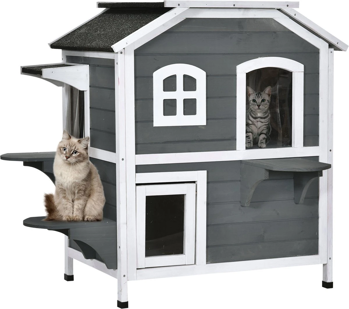 PawHut Kattenhuis Voor Buiten Kattenhut Met 2 Verdiepingen Kattenvilla, Asfaltdak, Massief Hout Grijs D30-236 3 PawHut Kattenhuis Voor Buiten Kattenhut Met 2 Verdiepingen Kattenvilla, Asfaltdak, Massief Hout Grijs D30-236