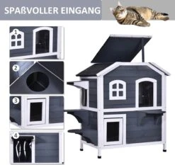 PawHut Kattenhuis Voor Buiten Kattenhut Met 2 Verdiepingen Kattenvilla, Asfaltdak, Massief Hout Grijs D30-236 19 PawHut Kattenhuis Voor Buiten Kattenhut Met 2 Verdiepingen Kattenvilla, Asfaltdak, Massief Hout Grijs D30-236 -Kattenspeelgoed Winkel 1200x1130 2