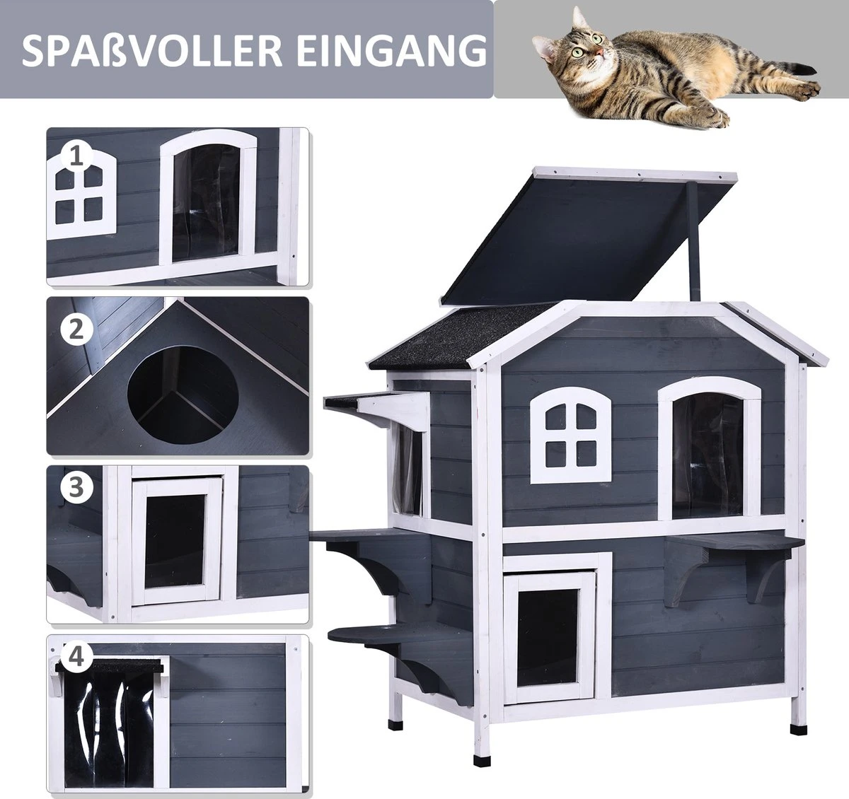 PawHut Kattenhuis Voor Buiten Kattenhut Met 2 Verdiepingen Kattenvilla, Asfaltdak, Massief Hout Grijs D30-236 9 PawHut Kattenhuis Voor Buiten Kattenhut Met 2 Verdiepingen Kattenvilla, Asfaltdak, Massief Hout Grijs D30-236 - Afbeelding 7