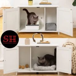 Merkloos Signature Home Wittykitty Kattenbak - Kattenkast - Kattenbakkast - Kattenhuis Met Deur En Aparte Scheidingswand - Kattenbak Opbergdoos - Wit - 80 X 54 X 50.5 Cm -Kattenspeelgoed Winkel 1200x1200 471