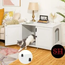 Merkloos Signature Home Wittykitty Kattenbak - Kattenkast - Kattenbakkast - Kattenhuis Met Deur En Aparte Scheidingswand - Kattenbak Opbergdoos - Wit - 80 X 54 X 50.5 Cm -Kattenspeelgoed Winkel 1200x1200 472