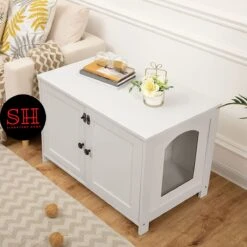 Merkloos Signature Home Wittykitty Kattenbak - Kattenkast - Kattenbakkast - Kattenhuis Met Deur En Aparte Scheidingswand - Kattenbak Opbergdoos - Wit - 80 X 54 X 50.5 Cm -Kattenspeelgoed Winkel 1200x1200 474