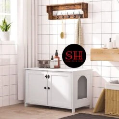 Merkloos Signature Home Wittykitty Kattenbak - Kattenkast - Kattenbakkast - Kattenhuis Met Deur En Aparte Scheidingswand - Kattenbak Opbergdoos - Wit - 80 X 54 X 50.5 Cm -Kattenspeelgoed Winkel 1200x1200 475