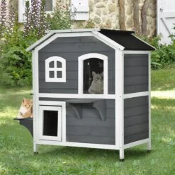 PawHut Kattenhuis Voor Buiten Kattenhut Met 2 Verdiepingen Kattenvilla, Asfaltdak, Massief Hout Grijs D30-236 14 PawHut Kattenhuis Voor Buiten Kattenhut Met 2 Verdiepingen Kattenvilla, Asfaltdak, Massief Hout Grijs D30-236 -Kattenspeelgoed Winkel 1200x1200 689