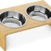 Navaris Verhoogd Dubbel Dieren Voedingsstation - 2 Kommen Voor Katten En Kleine Honden - Roestvrij Staal - Verhoogde Bamboe Standaard