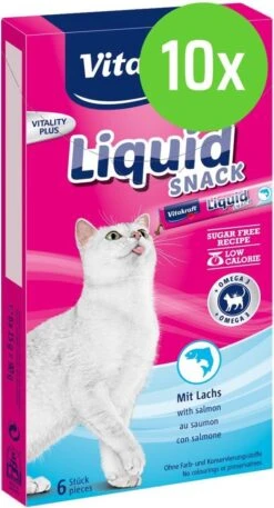 Merkloos 10 X Vitakraft Cat Liquid-Snack Zalm & Omega 6 Stuks