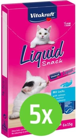 Merkloos Vitakraft Cat Liquid-Snack Zalm & Omega 6 Stuks - 5 Verpakkingen