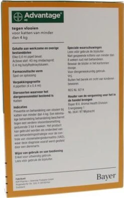 Bayer Advantage 40 Tegen Vlooien - <4kg - 4 X 0,4 Ml - Adult -Kattenspeelgoed Winkel 752x1200 1